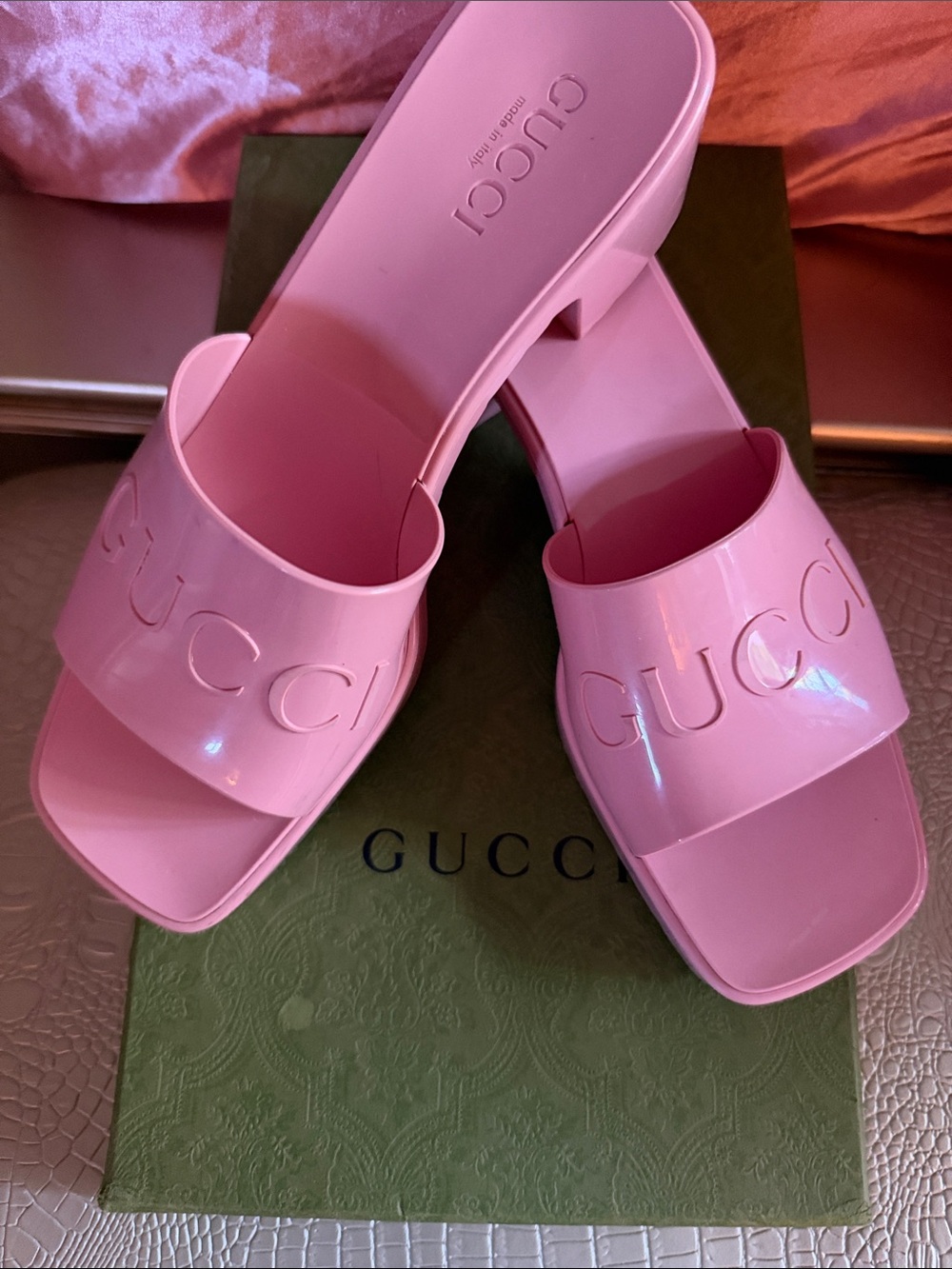 Gucci Pink Embossed Logo Slide Mules